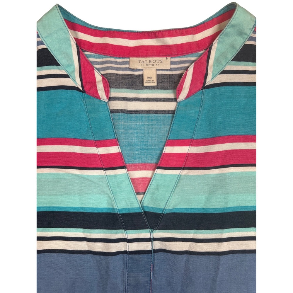 Talbots Petites MP Sleeveless Striped Split Neck Tunic‎ Top Blue Pink Teal Multi